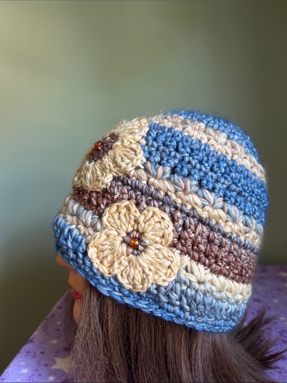 Crocheted Flower Beanie medium soft delicate foam cotton/acrylic blend